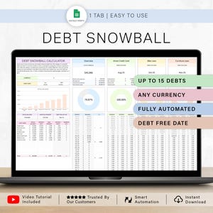 May include: A laptop displaying a debt snowball calculator spreadsheet. The screen shows financial data, charts, and the text "DEBT SNOWBALL." Features include "Up to 15 Debts," "Any Currency," and "Fully Automated." Additional text: "Video Tutorial Included."