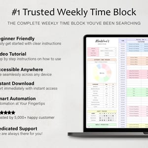 以下が含まれることがあります： ノートパソコンの画面に表示されたデジタル週間タイムブロックプランナー。カラフルなスケジュールグリッド、カテゴリー別タイムトラッカー、習慣トラッカーが含まれています。テキストには「#1 Trusted Weekly Time Block」および「Madeline's Weekly Plan」と記載されています。