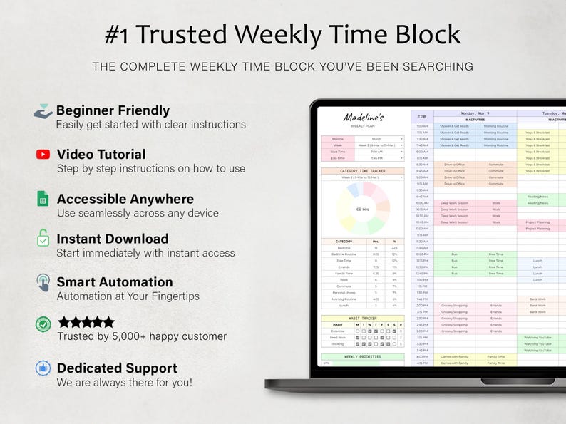 以下が含まれることがあります： ノートパソコンの画面に表示されたデジタル週間タイムブロックプランナー。カラフルなスケジュールグリッド、カテゴリー別タイムトラッカー、習慣トラッカーが含まれています。テキストには「#1 Trusted Weekly Time Block」および「Madeline's Weekly Plan」と記載されています。