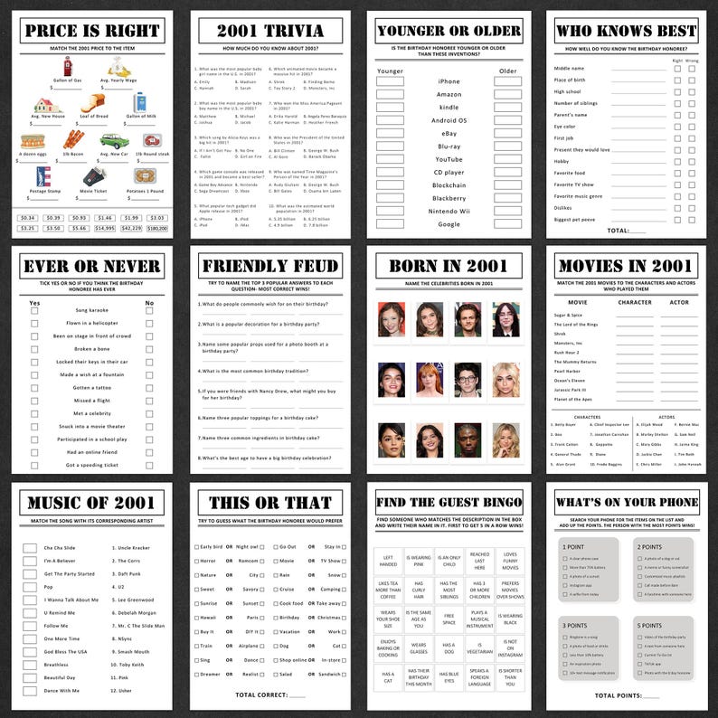 25th Birthday Games Bundle 25th Birthday Party Games 2001 Trivia Born ...
