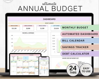 May include: A laptop, tablet, and smartphone display a digital annual budget spreadsheet. The spreadsheet includes sections for income, expenses, and savings, with charts and graphs. Text on the screen includes "Monthly Budget" and "Automated Dashboard."