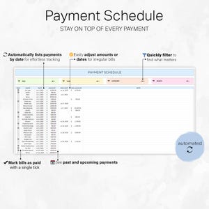 May include: A digital payment schedule template with the title "Payment Schedule" and the tagline "Stay on top of every payment." Features include automatic listing of payments by date, easy adjustment of amounts, and quick filtering options. The template is automated.