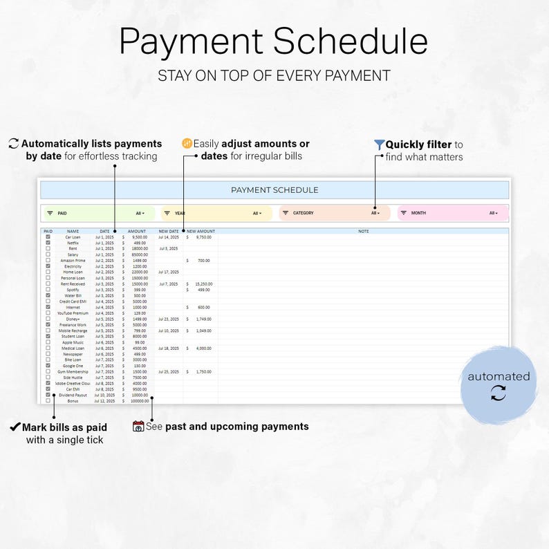 May include: A digital payment schedule template with the title "Payment Schedule" and the tagline "Stay on top of every payment." Features include automatic listing of payments by date, easy adjustment of amounts, and quick filtering options. The template is automated.