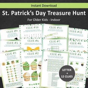 Puede incluir: Un juego de búsqueda del tesoro del Día de San Patricio para niños mayores, con 12 pistas. El juego imprimible incluye rompecabezas, acertijos y juegos de palabras con tréboles verdes y cupcakes. El texto dice "Descarga instantánea" y "Para niños mayores - Interior".
