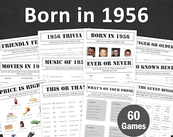 Gamesbundel 70e verjaardag Partygames 70e verjaardag 1956 Trivia Geboren in 1956 70-jarige man vrouw hem haar quiz BEWERKBAAR Direct digitaal