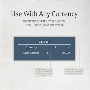 May include: A digital display showing a setup screen for currency conversion. The text reads "Use With Any Currency" and "Enter the currency in one cell and it updates everywhere!" The setup screen shows currency and start balance fields.