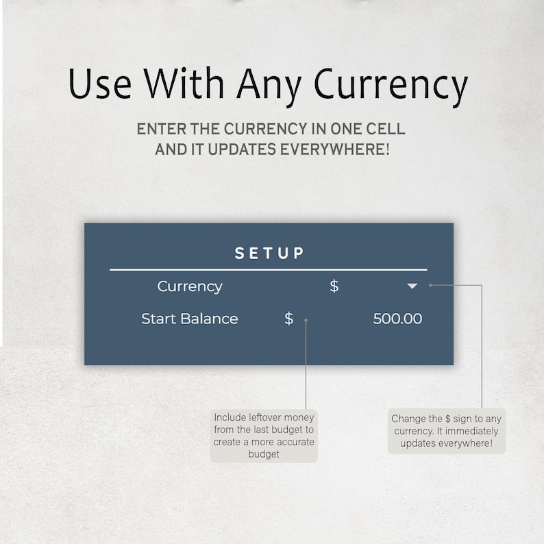 May include: A digital display showing a setup screen for currency conversion. The text reads "Use With Any Currency" and "Enter the currency in one cell and it updates everywhere!" The setup screen shows currency and start balance fields.