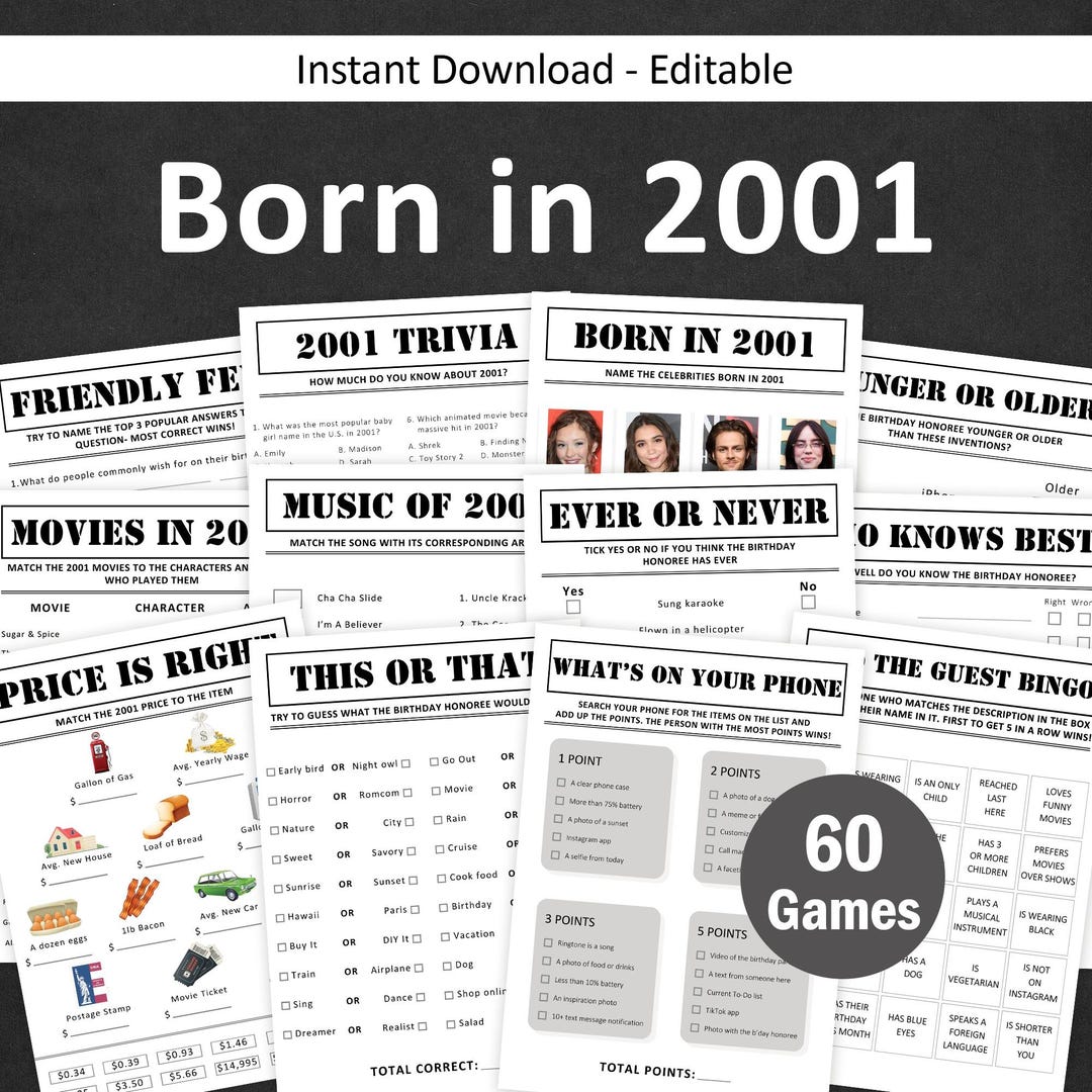 25th Birthday Games Bundle 25th Birthday Party Games 2001 Trivia Born ...