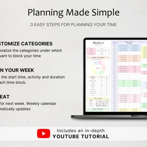 以下が含まれることがあります： Madeline's Weekly Planというタイトルのデジタルプランナーを表示するノートパソコンの画面。カラフルな時間ブロックスケジュール、カテゴリートラッカー、習慣トラッカーが含まれています。テキストには「Planning Made Simple」、「3 Easy Steps For Planning Your Time」、「Includes an in-depth YOUTUBE TUTORIAL」と書かれています。