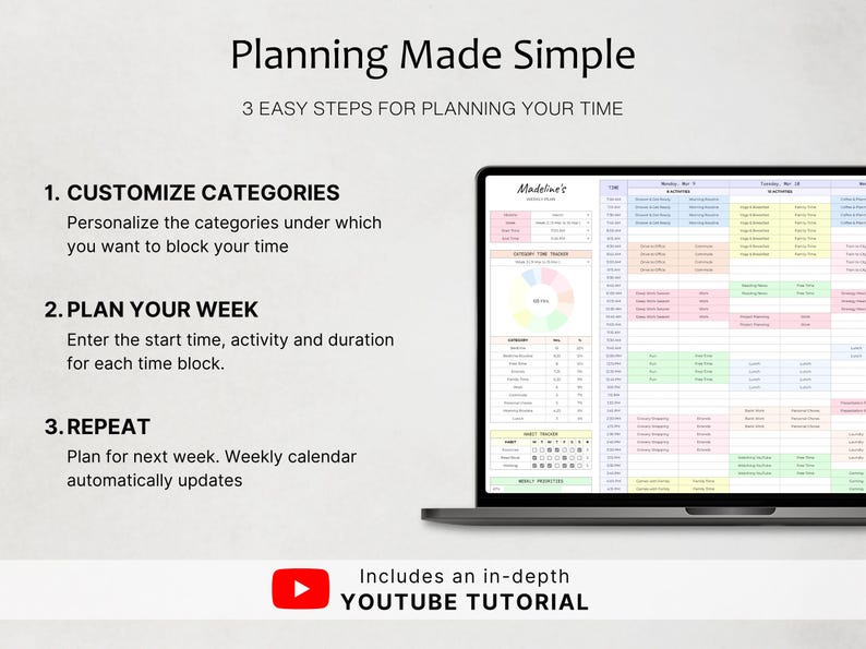 以下が含まれることがあります： Madeline's Weekly Planというタイトルのデジタルプランナーを表示するノートパソコンの画面。カラフルな時間ブロックスケジュール、カテゴリートラッカー、習慣トラッカーが含まれています。テキストには「Planning Made Simple」、「3 Easy Steps For Planning Your Time」、「Includes an in-depth YOUTUBE TUTORIAL」と書かれています。