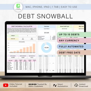 May include: A laptop screen displays a debt snowball calculator interface. The software includes sections for currency, start date, initial balance, and debt details. The interface highlights features like up to 15 debts, any currency, and full automation.