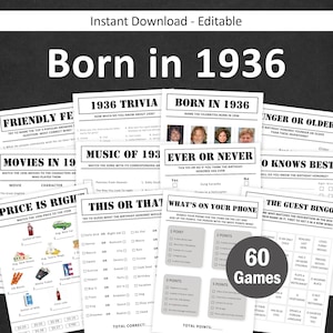 Op de afbeelding: Een verzameling afdrukbare partyspellen met de tekst "Born in 1936". De spellen bevatten trivia, bingo en "Dit of Dat" vragen. De afbeelding toont verschillende spelvellen met verschillende thema's en uitdagingen, perfect voor een verjaardagsfeest.