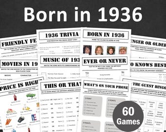 90th Birthday Games Bundle 90th Birthday Party Games 1936 Trivia Born in 1936 Year Old Men Women Him Her Quiz EDITABLE Instant Digital