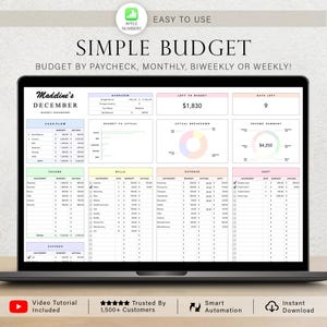 Könnte beinhalten: Ein Laptop-Bildschirm zeigt ein digitales Budget-Dashboard mit dem Titel "Simple Budget". Das Dashboard ist mit Abschnitten für Cashflow, Einkommen, Rechnungen und Ausgaben organisiert. Der Text "Easy to Use" und "Instant Download" sind ebenfalls sichtbar.