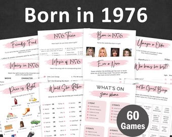 Juegos para celebrar el 50 cumpleaños de una mujer. Juegos para fiestas de cumpleaños para mujeres nacidas en 1976. Juego de preguntas y respuestas sobre 1976. Paquete de actividades digitales editables.