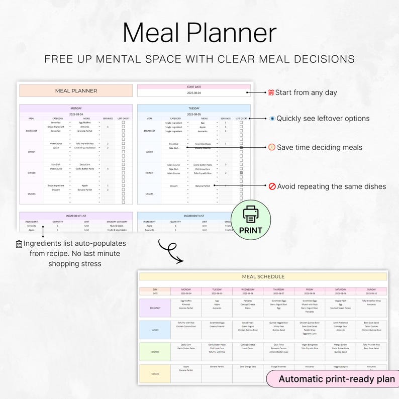 Może przedstawiać: Planer posiłk&oacute;w z białym tłem, zawierający tygodniowy harmonogram posiłk&oacute;w i listy składnik&oacute;w. Tekst "Meal Planner" i "FREE UP MENTAL SPACE WITH CLEAR MEAL DECISIONS" są wyświetlane u g&oacute;ry. Planer zawiera tekst "Start from any day".