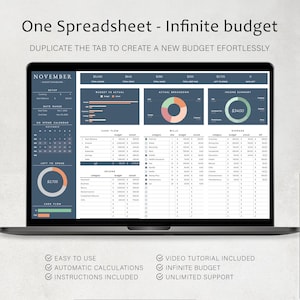 May include: A laptop screen displays a budget spreadsheet with the text "One Spreadsheet - Infinite budget." The screen shows financial data, charts, and the month of November. Features include easy use, automatic calculations, and unlimited support.