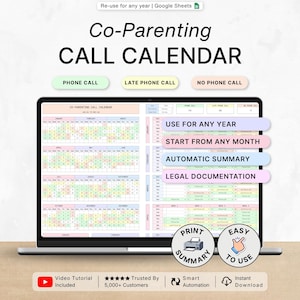 Op de afbeelding: Een laptopscherm toont een sjabloon voor een "Co-Parenting Call Calendar". De kalender is gecodeerd met kleuren en bevat opties voor telefoongesprekken, late oproepen en geen oproepen. Functies zijn onder meer gebruik voor elk jaar, automatische samenvatting en juridische documentatie.
