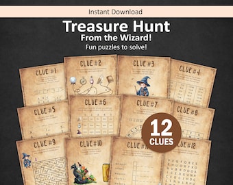 May include: A set of 12 printable treasure hunt clue cards with a parchment-style background. The cards feature wizard-themed illustrations, puzzles, mazes, and text including "Treasure Hunt From the Wizard!" and "12 CLUES" in a brown circle.