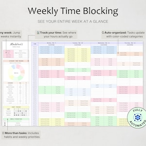 以下が含まれることがあります： 色分けされたスケジュールグリッド、円グラフ付きのカテゴリータイムトラッカー、習慣トラッカー、週次優先事項セクションを備えたデジタル週間タイムブロッキングプランナーテンプレート。テキストには、Weekly Time Blocking、See your entire week at a glance、Madeline's Weekly Plan、Fully Automatedが含まれています。