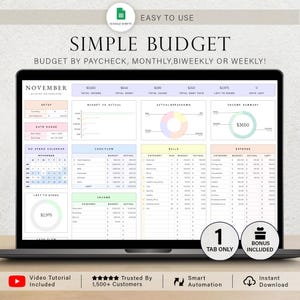 May include: A laptop screen displays a digital budget dashboard. The spreadsheet is organized with sections for income, expenses, and cash flow, with the text "SIMPLE BUDGET" at the top. The screen shows a calendar and financial data.