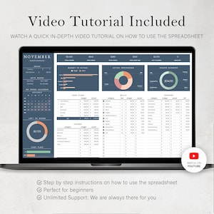 May include: A laptop displaying a budgeting spreadsheet with charts and financial data. The screen shows a calendar, cash flow details, and income summaries. Text on the screen includes "Video Tutorial Included" and "Watch on YouTube."