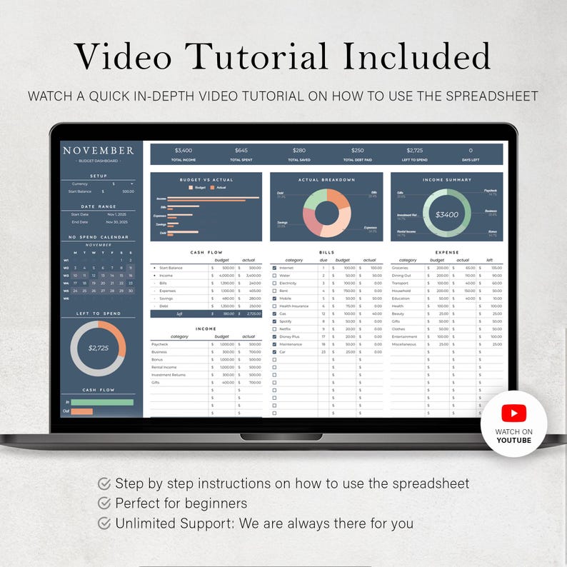 May include: A laptop displaying a budgeting spreadsheet with charts and financial data. The screen shows a calendar, cash flow details, and income summaries. Text on the screen includes "Video Tutorial Included" and "Watch on YouTube."