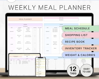 Meal Planner Spreadsheet Grocery List Weekly Meal Tracker Google Sheets Meal Prep 7 Day Menu Planning Food Diary Template Food Journal