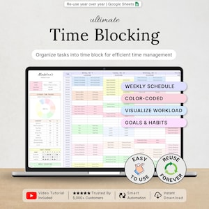 Könnte beinhalten: Ein digitaler Zeitplaner auf einem Laptop-Bildschirm mit wöchentlichem Zeitplan, farbcodierten Aufgaben, Arbeitslastvisualisierung und Gewohnheitsverfolgung. Die Benutzeroberfläche enthält Textbeschriftungen wie Ultimate Time Blocking und Weekly Schedule.