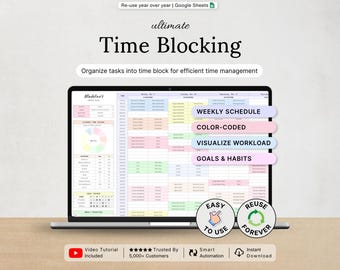 May include: A digital time blocking planner displayed on a laptop screen, featuring a weekly schedule, color-coded tasks, workload visualization, and habit tracking. The interface includes text labels like Ultimate Time Blocking, Weekly Schedule, and Easy to Use.
