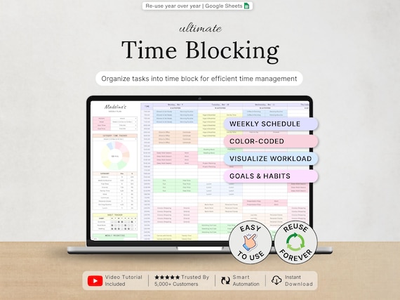 Time Blocking Planner Time Management Template Time Tracker Weekly Time Block Schedule Daily Hourly Planner Google Sheets