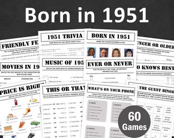 Puede incluir: Un conjunto de juegos de fiesta imprimibles con un diseño en blanco y negro, que incluye preguntas de trivia, bingo y 'Esto o aquello'. El texto 'Born in 1951' se muestra de forma destacada, con 'Instant Download - Editable' en la parte superior. Los juegos son para un cumpleaños temático de 1951.
