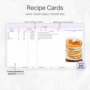 Może przedstawiać: Karta z przepisami zatytułowana "Recipe Cards" z tekstem "Save Your Family Favorites". Karta zawiera przepis na naleśniki, z miarami składnik&oacute;w, instrukcjami i zdjęciem gotowego dania. Karta zawiera r&oacute;wnież napis "Up to 800 Recipes."
