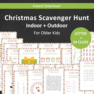 以下が含まれることがあります： クリスマス宝探しゲーム。屋内と屋外のヒントがあり、年長の子供向けです。デザインには緑と赤のボーダーがあり、さまざまなヒントと迷路が含まれています。「インスタントダウンロード」と書かれています。