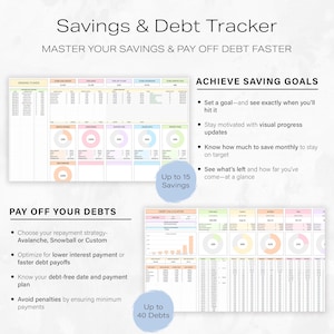 May include: A digital savings and debt tracker with a light background. The text "Savings & Debt Tracker" and "Master Your Savings & Pay Off Debt Faster" are at the top. The tracker includes sections for savings goals and debt payoff strategies.