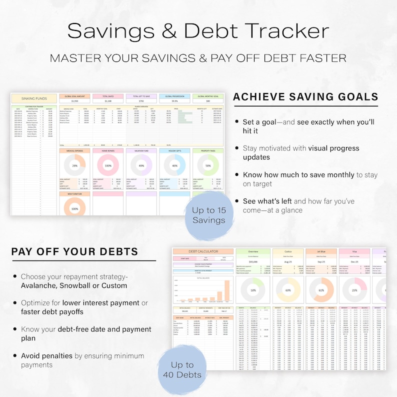 May include: A digital savings and debt tracker with a light background. The text "Savings & Debt Tracker" and "Master Your Savings & Pay Off Debt Faster" are at the top. The tracker includes sections for savings goals and debt payoff strategies.