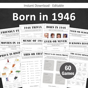 Puede incluir: Un conjunto de juegos de fiesta imprimibles con el tema de 1946. Los juegos incluyen trivia, bingo y desafíos de 'esto o aquello', todos diseñados para una celebración de cumpleaños. El título 'Born in 1946' se muestra de forma destacada.