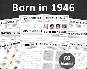 Lot de jeux 80e anniversaire Jeux de fête 80e anniversaire 1946 Anecdotes Né en 1946 ans Hommes Femmes Lui Son Quiz MODIFIABLE Instant numérique