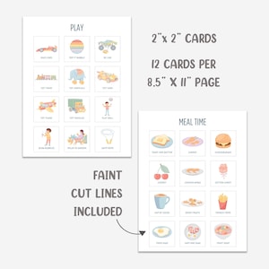 May include: Two sheets of illustrated cards for children. One sheet features toys, including race cars and toy planes. The other sheet displays mealtime items like toast and french fries. The text reads "2" x 2" cards, 12 cards per 8.5" x 11" page."
