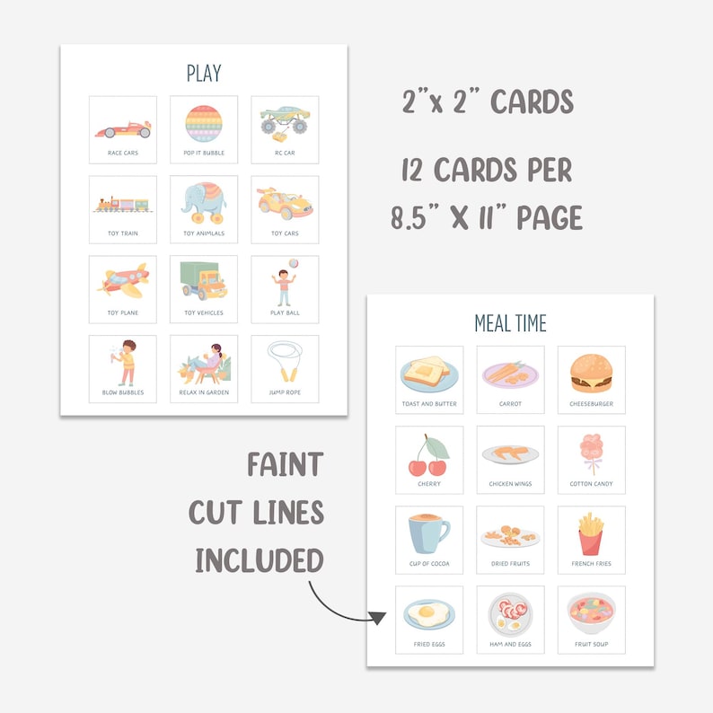 May include: Two sheets of illustrated cards for children. One sheet features toys, including race cars and toy planes. The other sheet displays mealtime items like toast and french fries. The text reads "2" x 2" cards, 12 cards per 8.5" x 11" page."
