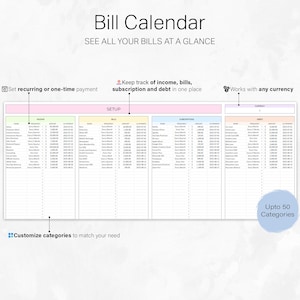 May include: A white bill calendar with the title "Bill Calendar" and the text "SEE ALL YOUR BILLS AT A GLANCE". The calendar includes sections for income, bills, subscriptions, and debts, with space for up to 50 categories.