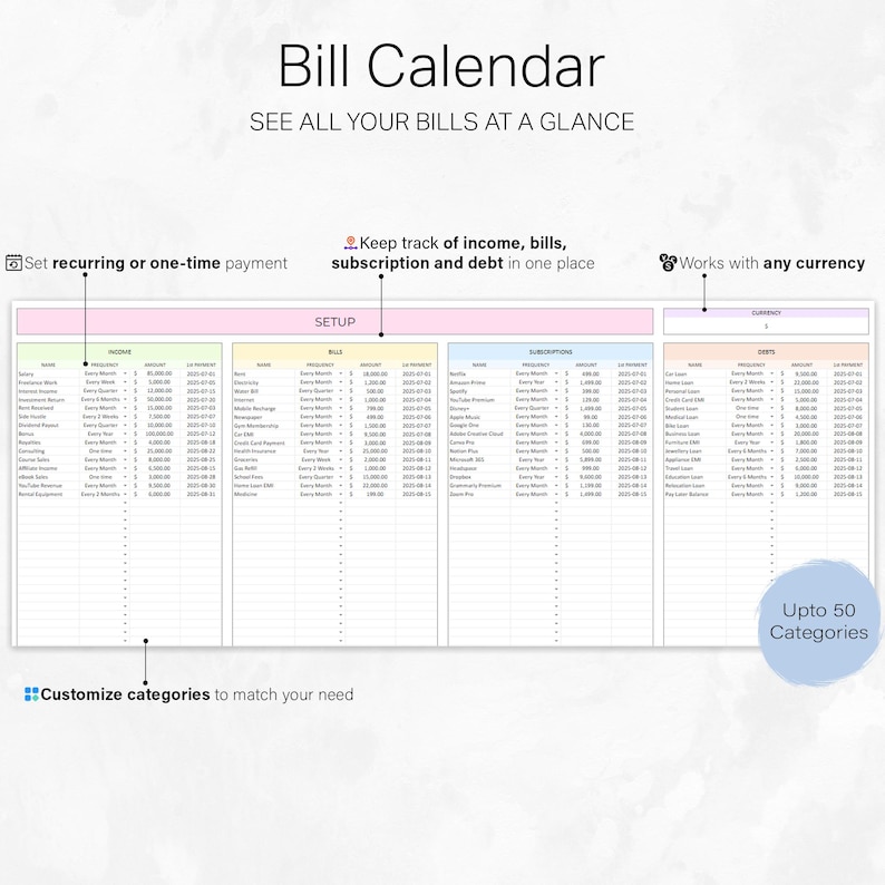 May include: A white bill calendar with the title "Bill Calendar" and the text "SEE ALL YOUR BILLS AT A GLANCE". The calendar includes sections for income, bills, subscriptions, and debts, with space for up to 50 categories.