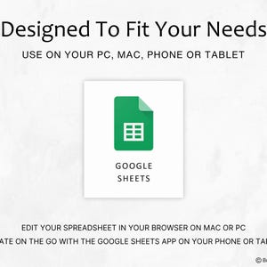 以下が含まれることがあります： Google Sheetsのロゴが描かれたデジタル画像。緑色のドキュメントアイコンに白いグリッドが表示されています。テキストには「Designed To Fit Your Needs, USE ON YOUR PC, MAC, PHONE OR TABLET, EDIT YOUR SPREADSHEET IN YOUR BROWSER ON MAC OR PC」と記載されています。