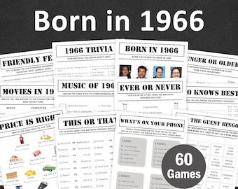 Paquete de juegos para el 60.º cumpleaños Juegos para la fiesta del 60.º cumpleaños Trivial de 1966 Nacido en 1966 Años Hombres Mujeres Él Ella Cuestionario EDITABLE Digital instantáneo