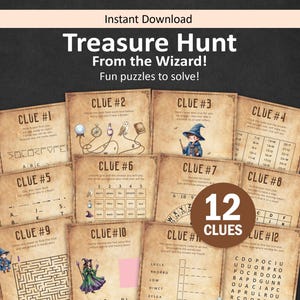 May include: A set of 12 printable treasure hunt clue cards with a vintage parchment paper aesthetic. Each card features black text, numbered headings from 1 to 12, and illustrations of wizards, owls, and magical items. A brown circular badge displays 12 CLUES.
