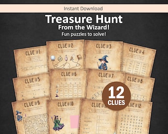 May include: A set of 12 printable treasure hunt clue cards with a vintage parchment paper aesthetic. Each card features black text, numbered headings from 1 to 12, and illustrations of wizards, owls, and magical items. A brown circular badge displays 12 CLUES.