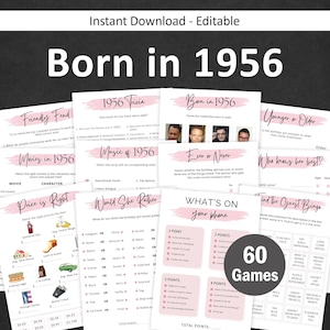Puede incluir: Un conjunto de juegos de fiesta imprimibles con un tema rosa y blanco, todos ellos centrados en el año 1956. Los juegos incluyen preguntas de trivia, emparejamiento de películas y preguntas de "Would She Rather". La imagen también incluye el texto "Born in 1956" y "60 Games".