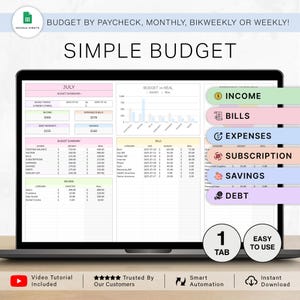 Op de afbeelding: Een laptopscherm toont een eenvoudige budgetsjabloon met secties voor inkomsten, rekeningen, uitgaven en besparingen. De sjabloon bevat grafieken en tabellen voor het bijhouden van financiën. Tekst op het scherm luidt "Budget per loonstrook, maandelijks, tweewekelijks of wekelijks!" en "Eenvoudig budget."