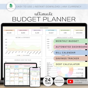 Könnte beinhalten: Ein digitaler Budgetplaner, der auf einem Laptop, Tablet und Telefon angezeigt wird. Der Bildschirm zeigt Finanzdiagramme, Grafiken und Datenzusammenfassungen. Der Text enthält "Ultimate Budget Planner", "Monthly Budget" und "Debt Calculator".