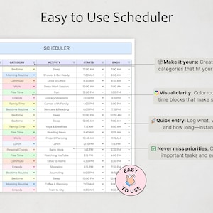 以下が含まれることがあります： Easy to Use Schedulerというタイトルのデジタルスケジューラーテンプレート。表には日付、カテゴリ、アクティビティ、開始時間、終了時間の列があります。行は色分けされており、Make it yours、Visual clarity、Quick entry、Never miss prioritiesといったラベルと、ピンク色の円形Easy to Useアイコンが表示されています。